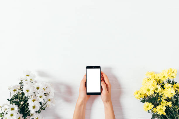 istock Flat lay festive composition woman's hands holding mobile phone 1071129586