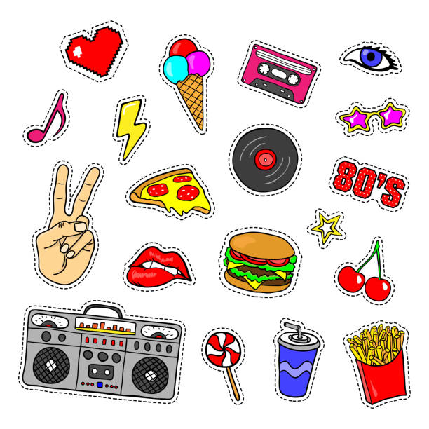 illustrations, cliparts, dessins animés et icônes de pop art autocollants avec magnétophone, cassette, disque vinyle, fast-food, main, lèvres et d’autres éléments. - retro revival music audio cassette old