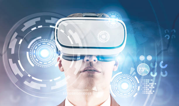 istock Man in VR glasses, HUD infographics on blue 1071135886