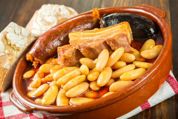 typical spanish cuisine, fabada asturiana - asturiana imagens e fotografias de stock