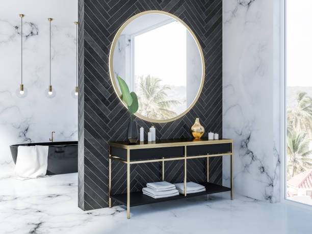 istock Black wood bathroom corner, black tub 1071136038