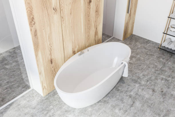 istock White bathroom interior top view, white tub 1071136126