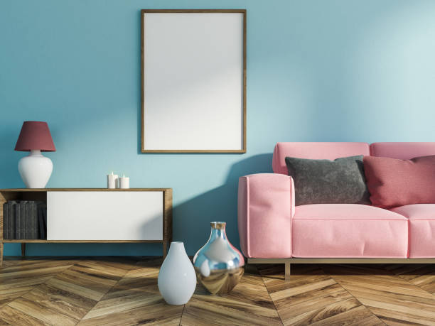 istock Blue living room, pink sofa, poster 1071139676