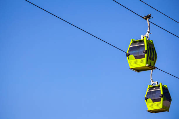 istock Funicular on the line isolated in blue sky with sun shining on the side 1071146604