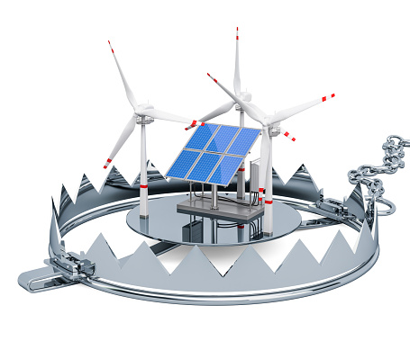 Trap with solar panels and wind turbines, 3D rendering isolated on white background