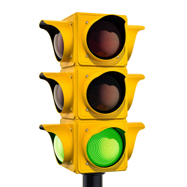 istock Yellow traffic light with green color, 3D rendering isolated on white background 1071146980