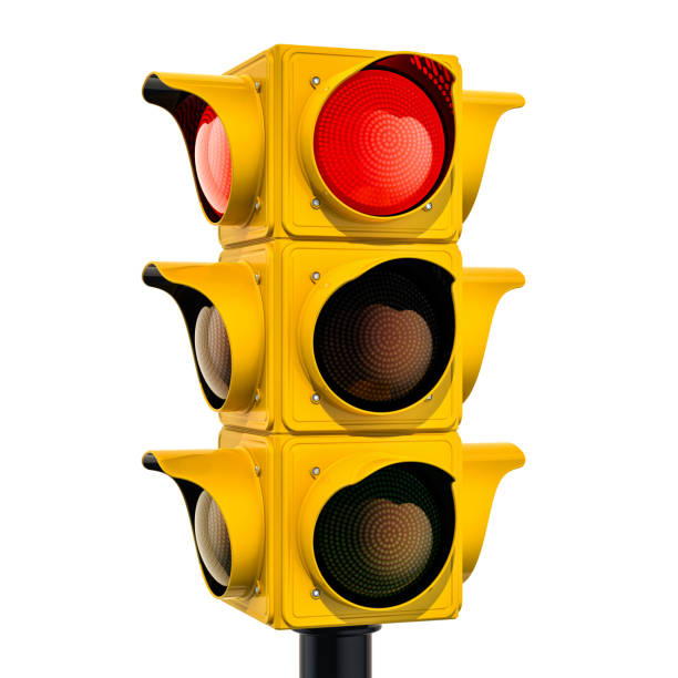 istock Yellow traffic light with red color, 3D rendering isolated on white background 1071146992