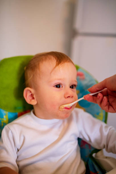 istock feeding baby – Happy adorable boy eating chocolate 1071149390