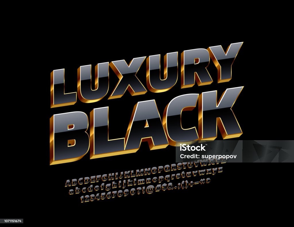 Vector luxury Black and Gold Alphabet Letters, Numbers and Symbols Bright 3D Font Stereoscopic Image stock vector