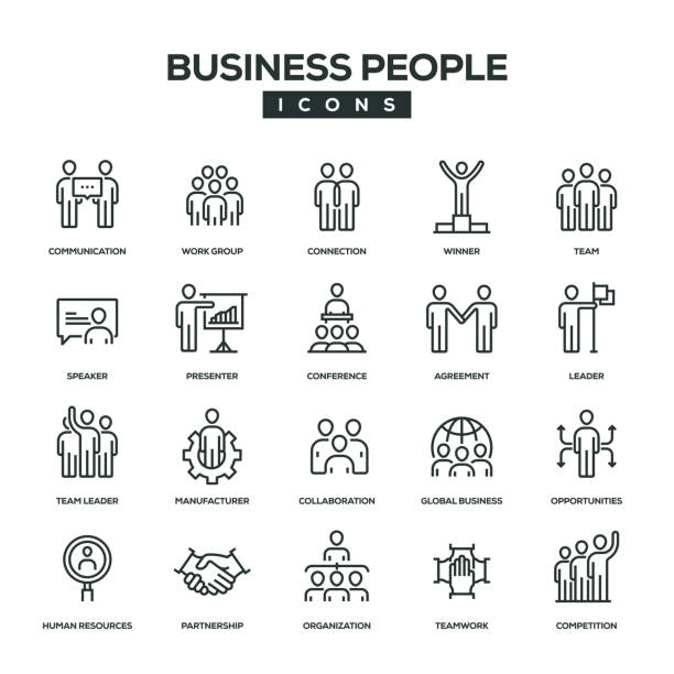 ilustraciones, imágenes clip art, dibujos animados e iconos de stock de conjunto de iconos de la línea de empresarios - agreement businesswoman togetherness opportunity