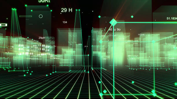 istock 3D Rendering technological digital background consisting of a futuristic city with data 1071152418