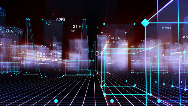 istock 3D Rendering technological digital background consisting of a futuristic city with data 1071153754