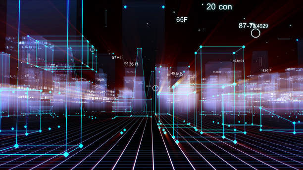 istock 3D Rendering technological digital background consisting of a futuristic city with data 1071153796