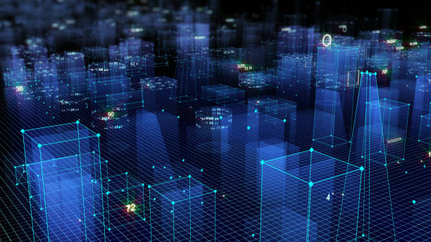 istock 3D Rendering technological digital background consisting of a futuristic city with data 1071153828