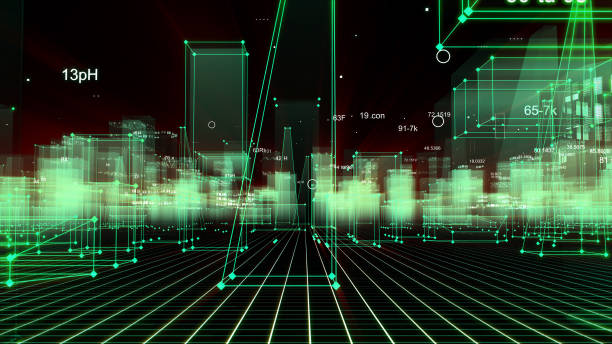 istock 3D Rendering technological digital background consisting of a futuristic city with data 1071153882