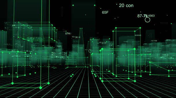 istock 3D Rendering technological digital background consisting of a futuristic city with data 1071153910