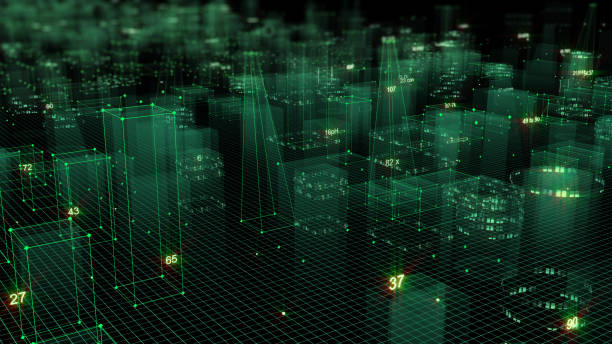 istock 3D Rendering technological digital background consisting of a futuristic city with data 1071153952