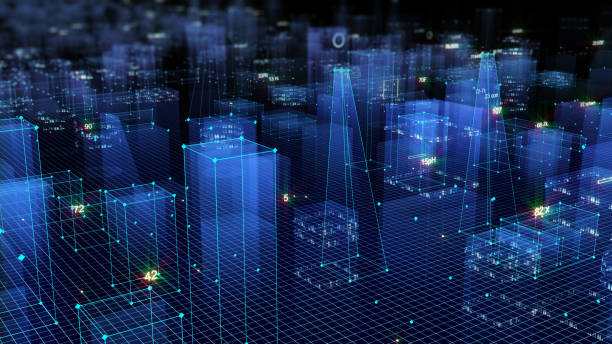 renderowanie 3d technologiczne tło cyfrowe składające się z futurystycznego miasta z danymi - technology abstract network server computer zdjęcia i obrazy z banku zdjęć
