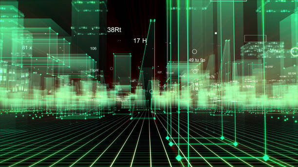 istock 3D Rendering technological digital background consisting of a futuristic city with data 1071154156