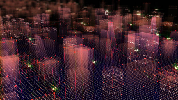 istock 3D Rendering technological digital background consisting of a futuristic city with data 1071154250