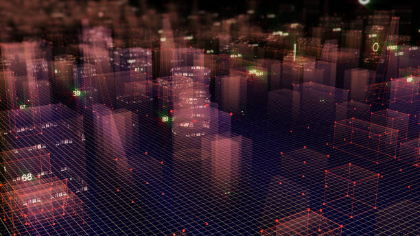 istock 3D Rendering technological digital background consisting of a futuristic city with data 1071154364