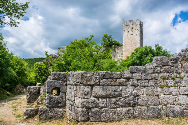 Old Clock tower chapel and ruins of Stari Bar fortress near Bar city, Montenegro