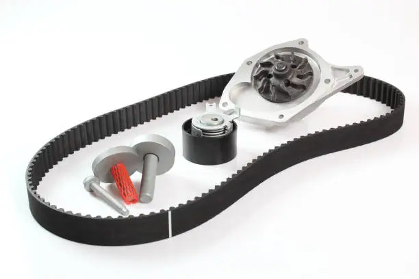 Timing Cam Tensioner Belt Kit with Water Pump. Isolated on white background.
