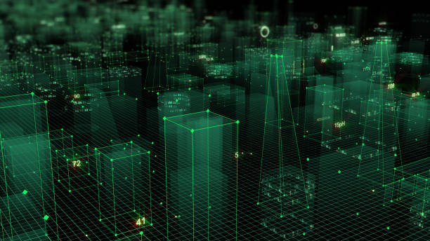 istock 3D Rendering technological digital background consisting of a futuristic city with data 1071156260