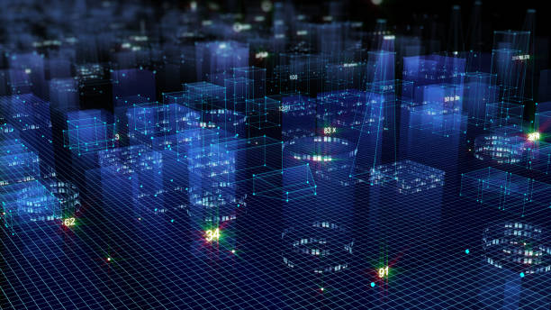 istock 3D Rendering technological digital background consisting of a futuristic city with data 1071156526