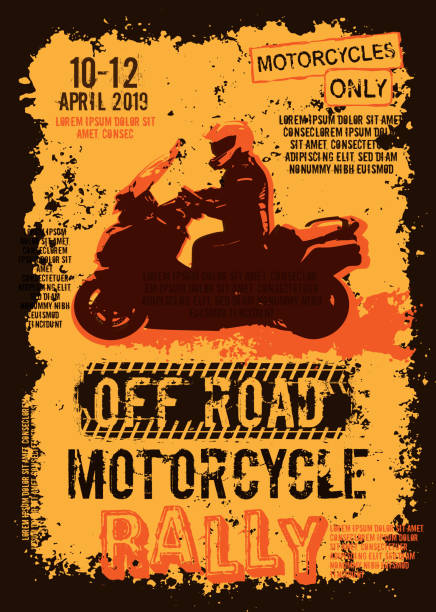 Off-road motorcycle event portrait poster. Editable vector illustration in grunge style. Portrait layout in brawn, yellow, orange colors useful for placard, poster or print design. Automotive concept.