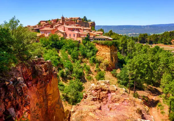 Old Town of Roussillon, Provence, France, known as one of the most beautiful villages of France (Les Plus Beaux Villages de France), is situated by the ochre Red Cliffs (Les Ocres)