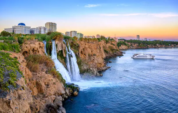 Photo of Duden coast waterfalls, Antalya, Turkey, on sunset