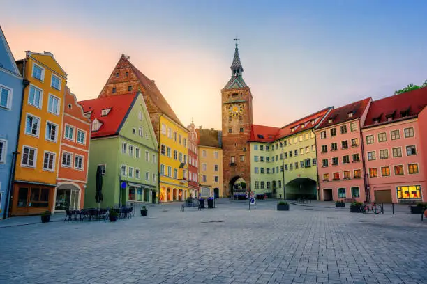 Traditional colorful houses in Landsberg am Lech historical gothic Old Town, Bavaria, Germany, in sunset light