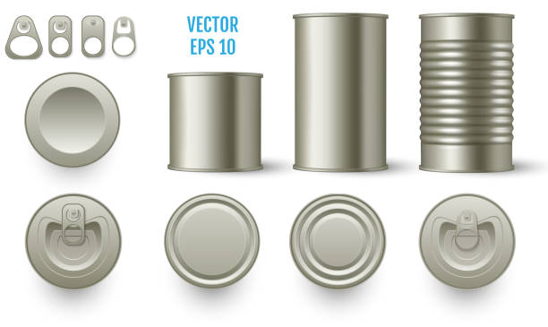 istock Realistic cylindrical tin mockup cans various height. Realistic 3d tin can mock up set. Top and side view. Vector illustration 1071168026