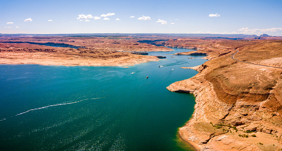 Aerial view of the Lake Powell from above near Glen Canyon Dam and Page town