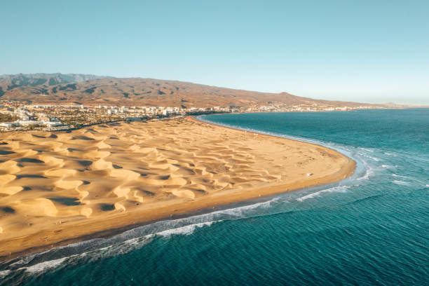 aerial maspalomas dunes view on gran canaria island - sky travel destinations tourism canary islands imagens e fotografias de stock