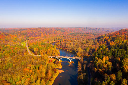 Beautiful aerial morning view of the golden autumn in Sigulda, Latvia.