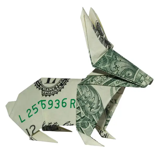 Photo of Money RABBIT Origami Easter Bunny Folded Hare Real One Dollar Bill Isolated on White Background