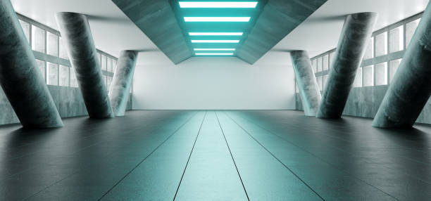 istock Sci Fi Futuristic Bright Alienship Modern Reflective Corridor Empty Tunnel With Concrete Tiled Floor And Concrete Big Columns And Blue Lights Technology Background Concept 3D Rendering 1071177798
