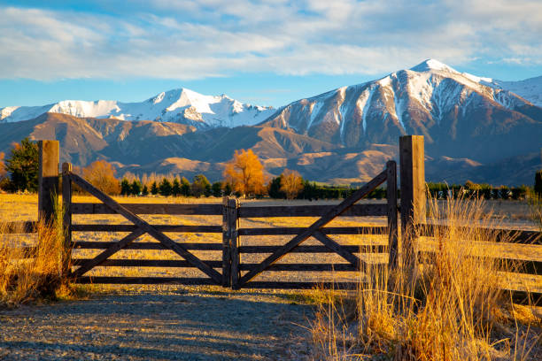 Picturesque snowy mountains behind a wooden farm gate. A closed wooden farm gate at the entrance to a farm field below snowy mountains on a frosty winter morning. foothills photos stock pictures, royalty-free photos & images