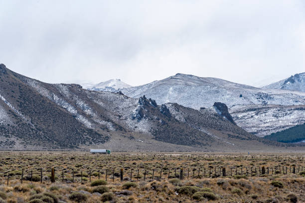 caminhão viajando na nacional rota 237, rn237, com montanhas nevadas ao fundo, ma província de rio negro, argentina - bariloche snow fence argentina - fotografias e filmes do acervo