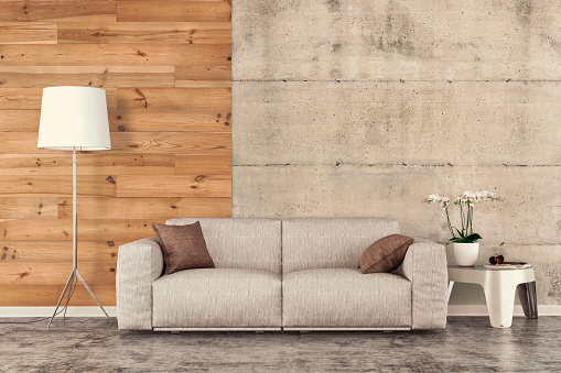 Living room with sofa and decoration on gray concrete floor in front of hardwood and concrete wall with copy space. 3D rendered image.