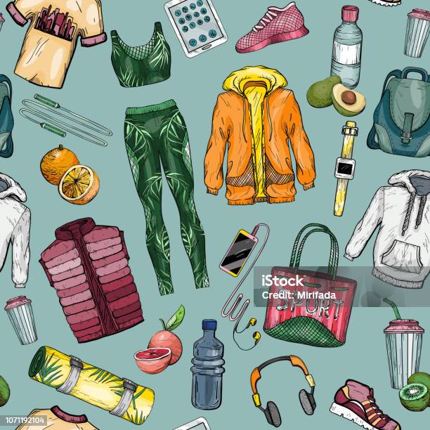 Seamless Pattern With Sportswear Lifestyle Set Stock Illustration - Download Image Now - Activity, Athleticism, Bag