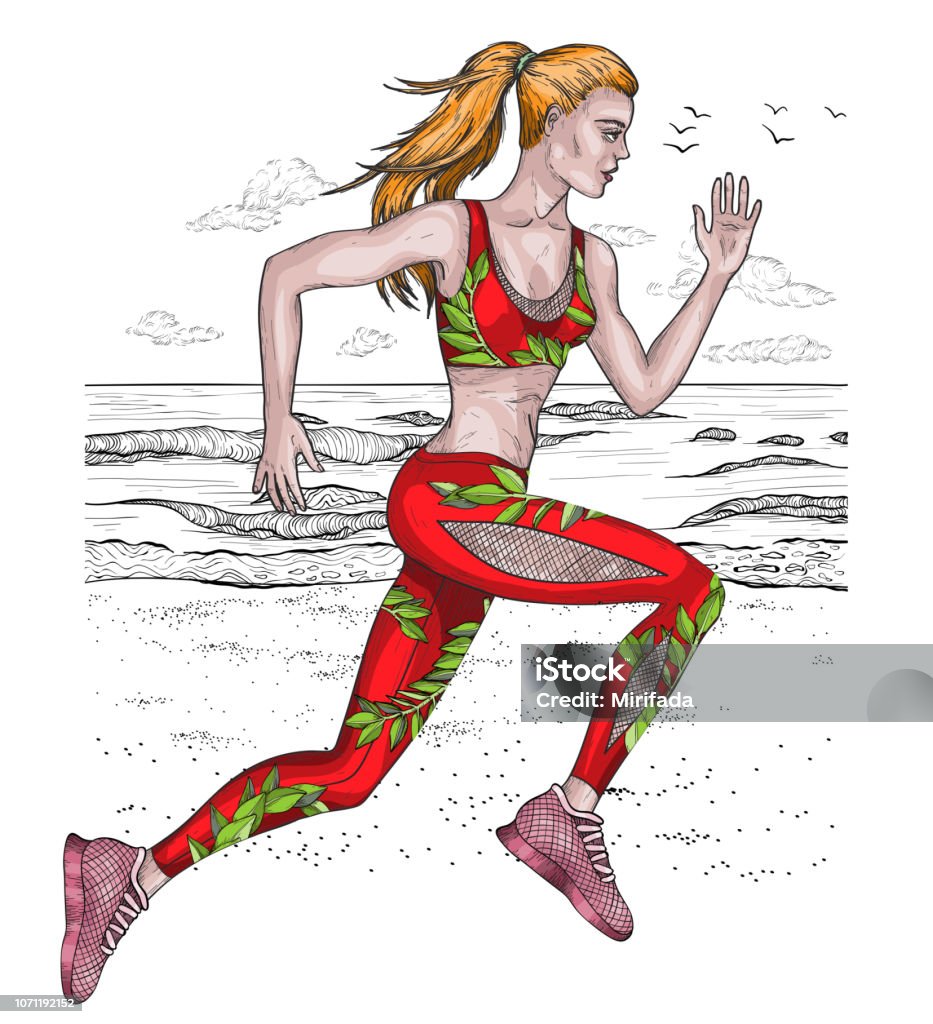 Sketch of woman running on the beach. Sketch of woman in leggins running on the beach. Vector illustration Active Lifestyle stock vector