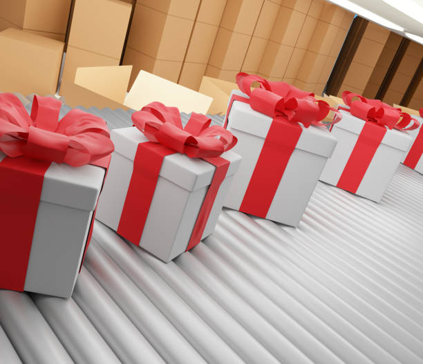 christmas presents row on conveyor belt 3d-illustration
