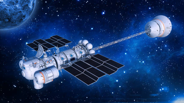 istock Spaceship with solar panels in deep space, UFO spacecraft flying in the Universe with planet and stars, 3D render 1071206278