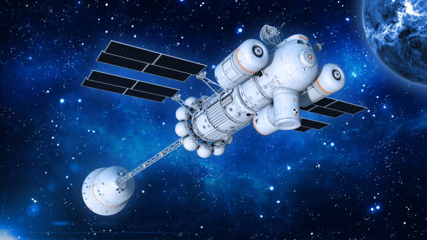 istock Spaceship with solar panels in deep space, UFO spacecraft flying in the Universe with planet and stars, bottom view, 3D render 1071206282
