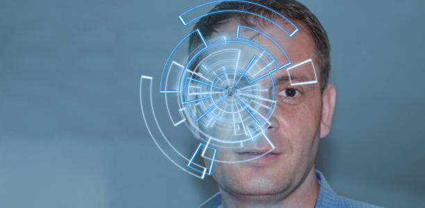 istock Portrait of handsome man with tech pattern on eye. Digital ID concept, eye recognition 1071206336