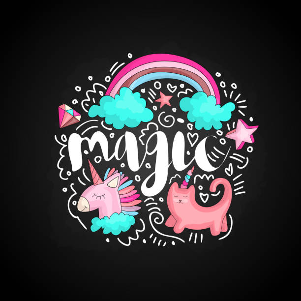 Cute doodle magic icons in round form colored. Cute fun vector magic with rainbow, clouds, unicorn, cat, diamond, stars and curved lines. Lettering magic among curved lines and cute set icons on black Cute doodle magic icons in round form colored. Cute fun vector magic with rainbow, clouds, unicorn, cat, diamond, stars and curved lines. Lettering magic among curved lines and cute set icons on black background. junior high age stock illustrations