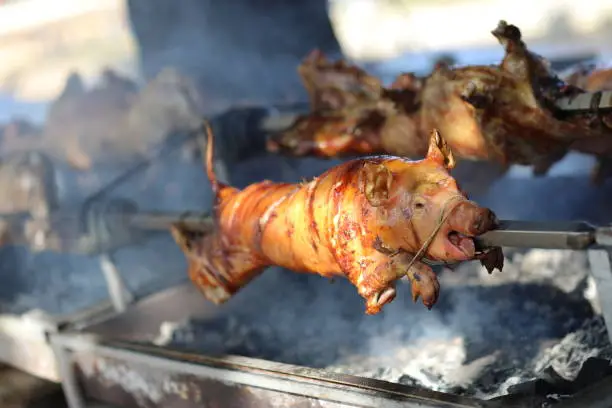 Photo of Pig roasted on stick.